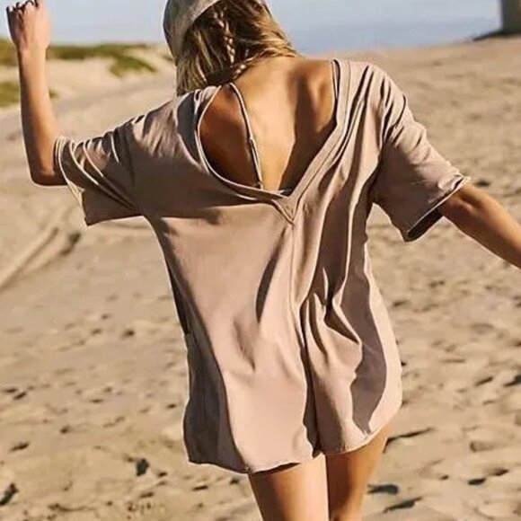 FREE PEOPLE Movement Sizer XL Hot Shot Tee Romper Mocha Latte NWT - Picture 1 of 7